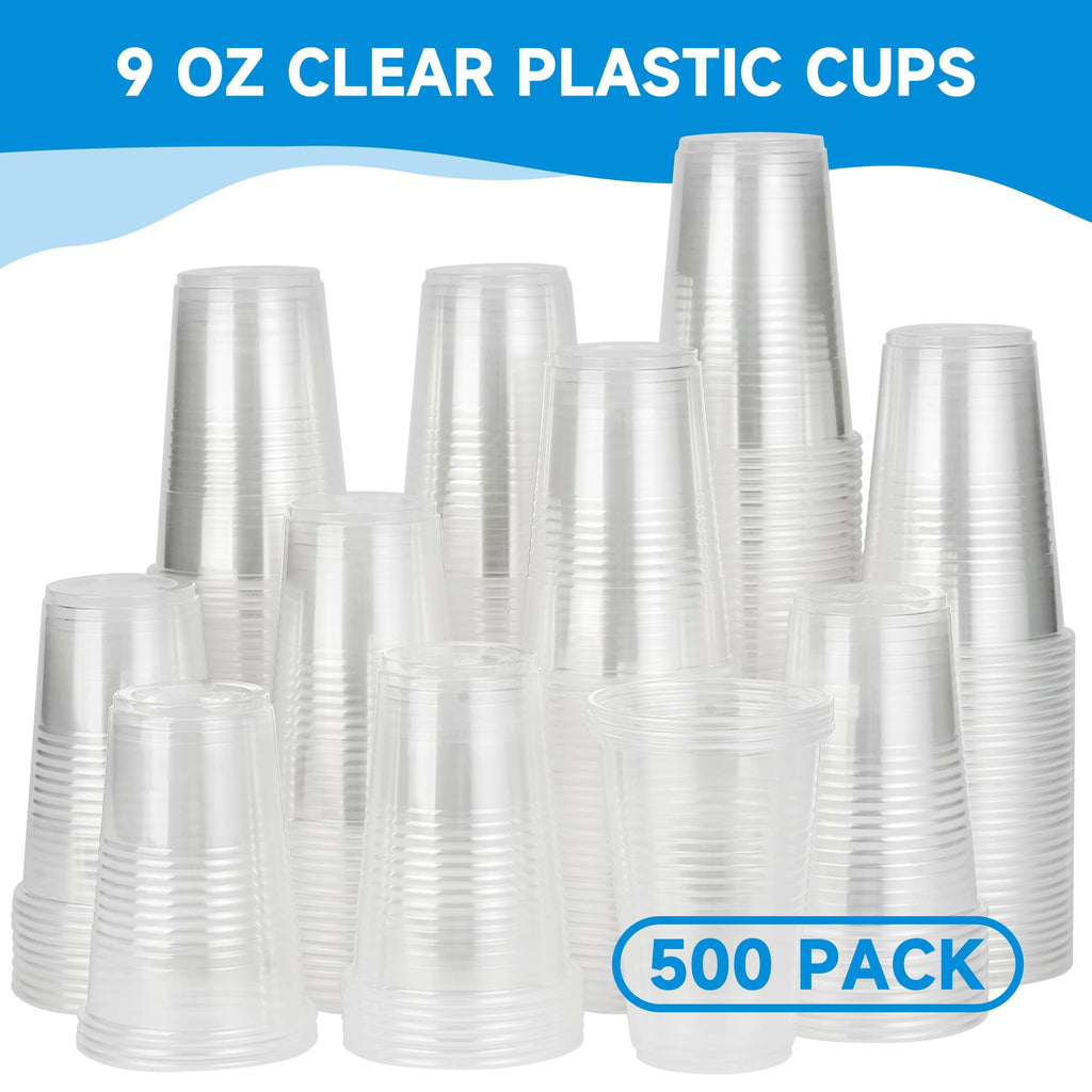 RACETOP 500 pack 9 oz Disposable Plastic Cups, Clear Plastic Cups Tumblers, Disposable Cups Bulk, Transparent for Wedding, Thanksgiving, Birthday, Halloween, Christmas Party