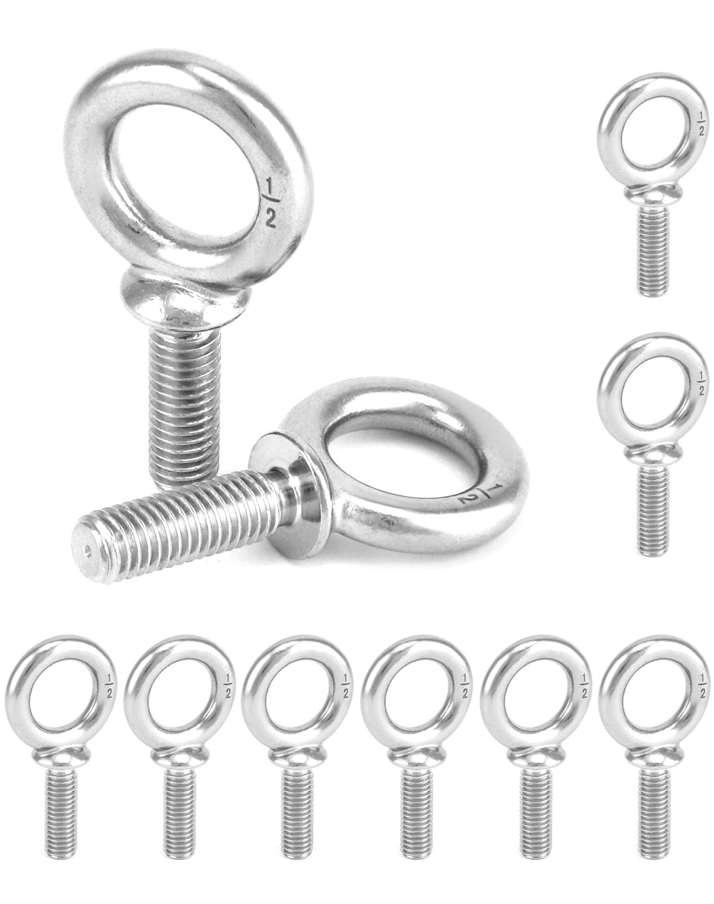 QWORK Machinery Eye Bolt, 10 Pack 1/2" -13 x 1-1/2" Marine Grade 304 Stainless Steel Shackle, Lifting Ring Threaded Eyebolt Shoulder Eyebolts