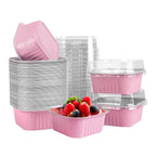 50 Pcs Mini Square Baking Cups with Lids,10oz Aluminum Foil Mini Cake Pans with Lids,Disposable Ramekins Cake Pans,300ml Dessert Cups Cupcake Pans for Wedding Birthday Party,Pink