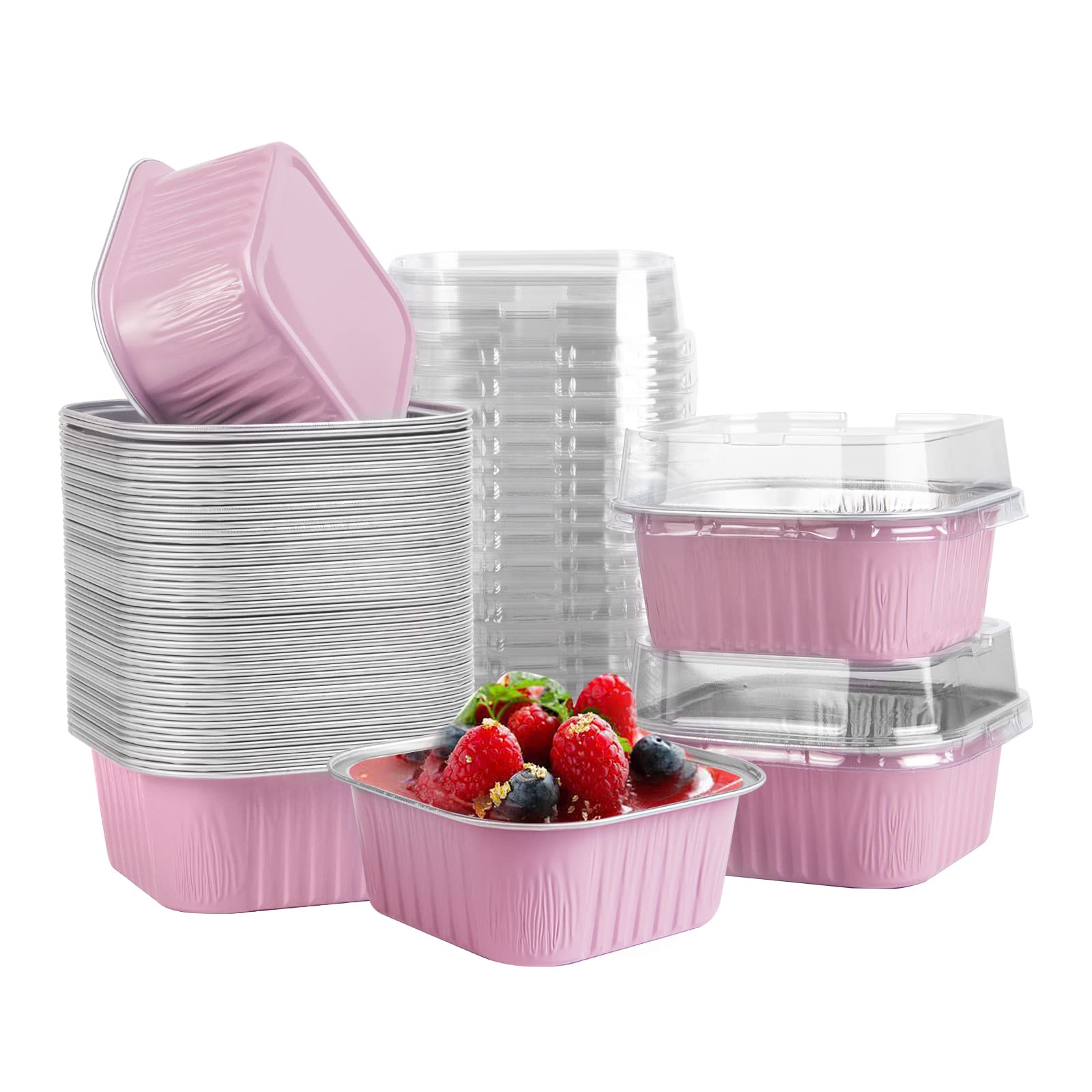 50 Pcs Mini Square Baking Cups with Lids,10oz Aluminum Foil Mini Cake Pans with Lids,Disposable Ramekins Cake Pans,300ml Dessert Cups Cupcake Pans for Wedding Birthday Party,Pink