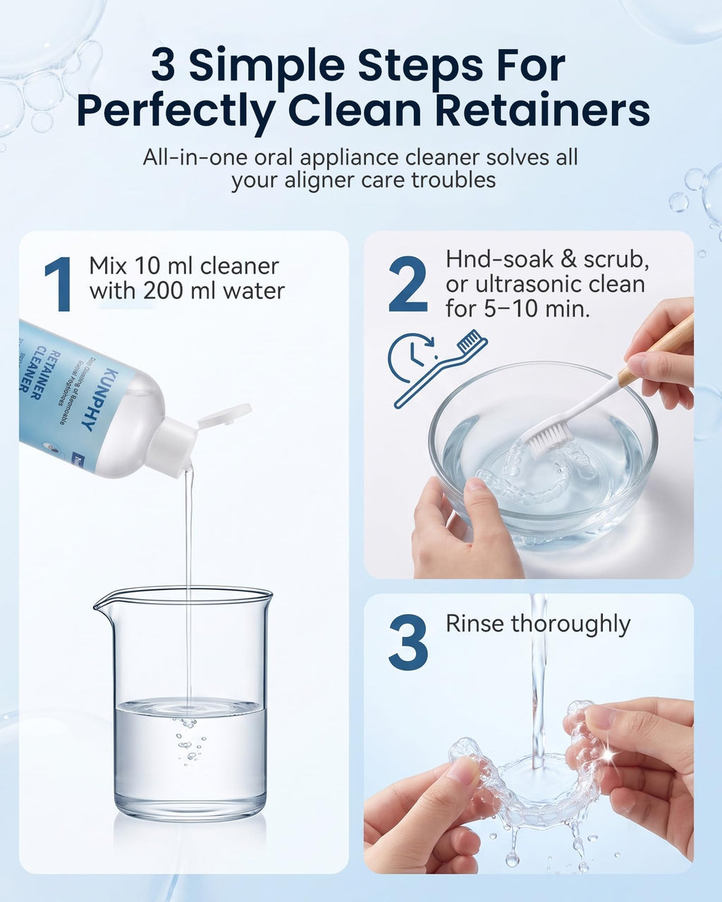 Ultrasonic Retainer Cleaner Solution for Ultrasonic Denture Cleaner-Professional Cleaning of Retainers, Invisible Aligners, Mouth Guards, Night Guards, Remove Odors, Discoloration & Stains 8.5oz