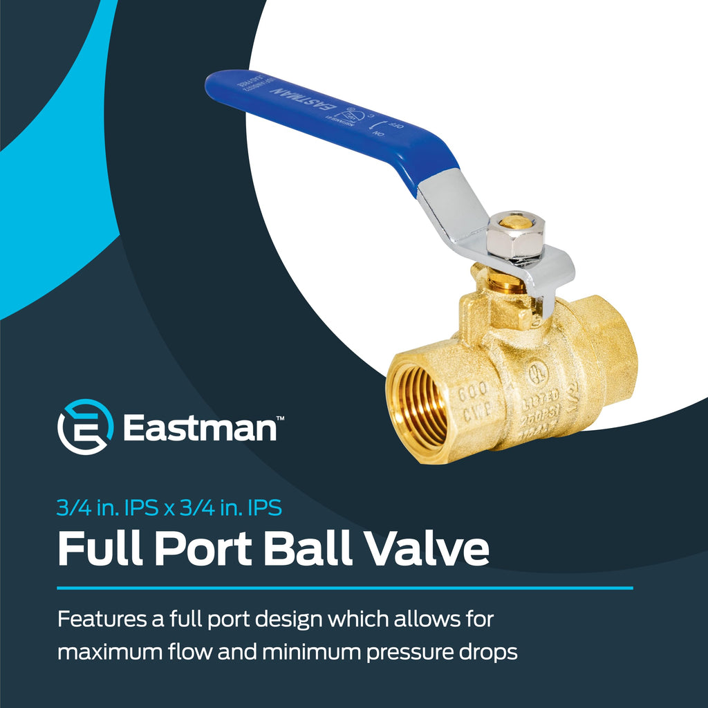 Eastman 1/2 Inch IPS Heavy Duty Full Port Ball Valve, Brass Plumbing Fitting, 20045LF