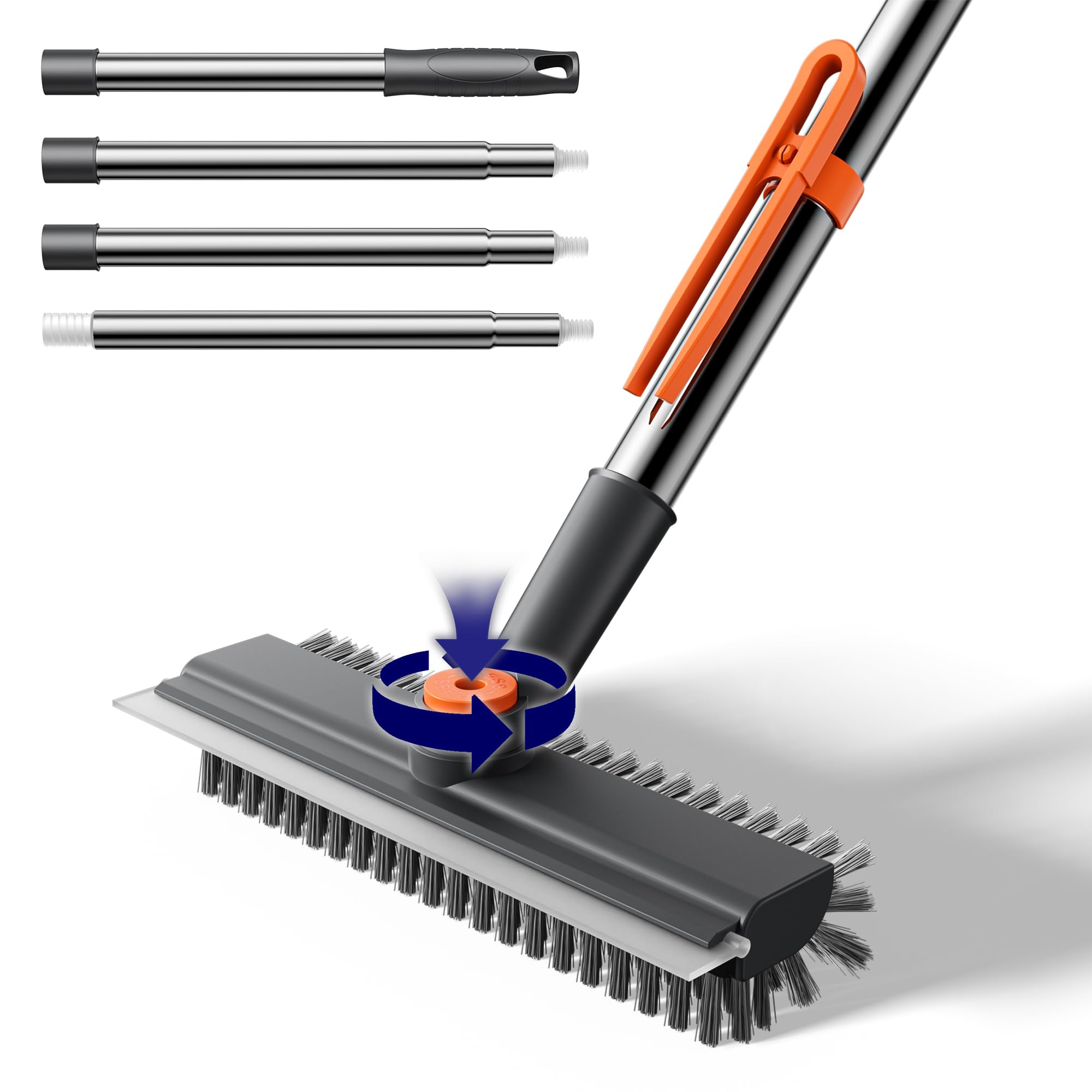 HelpX Small Floor Scrub Brush with Length Adjustable Long Handle, 3 in 1 Heavy-Duty Stiff Bristle Scrubber Brush with Squeegee and Tweezer for Cleaning Bathroom, Tile, Deck, Patio, Garage and Kitchen