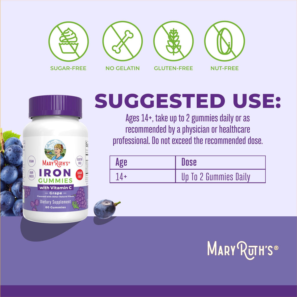 MaryRuth's Iron Gummies for 14+ with Vitamin C for Absorption | Sugar Free | Gummy Iron Supplement + VIT C | Energy Metabolism | Cellular Health | Immune Support | Vegan | Non-GMO | 60 Count