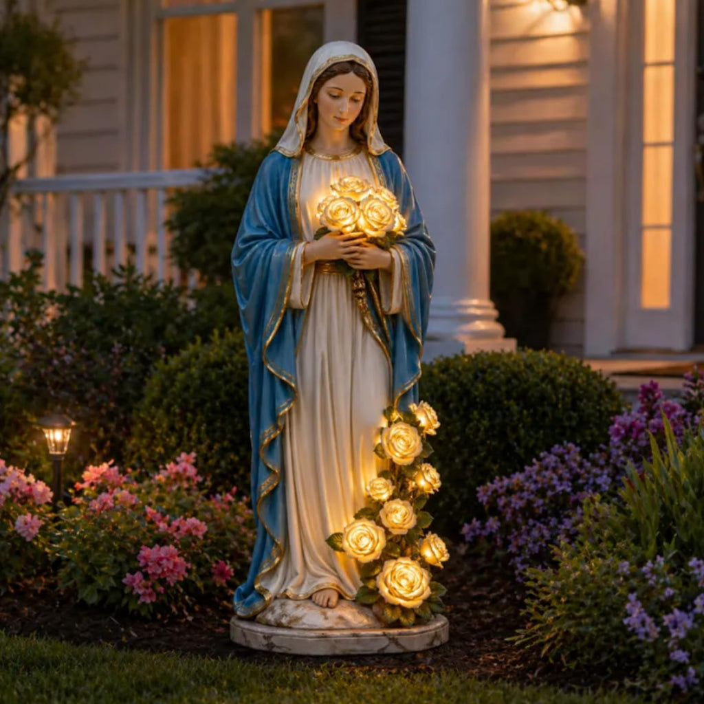 Virgin Mary Solar Garden Statue with Glowing LED Roses, Blessed Mother Outdoor Sculpture for Catholic & Christian Yard Decor, Memorial Gift for Women Mom Grandma (White & Blue, 8.25" × 8.25" × 11.25")