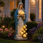 Virgin Mary Solar Garden Statue with Glowing LED Roses, Blessed Mother Outdoor Sculpture for Catholic & Christian Yard Decor, Memorial Gift for Women Mom Grandma (White & Blue, 8.25" × 8.25" × 11.25")
