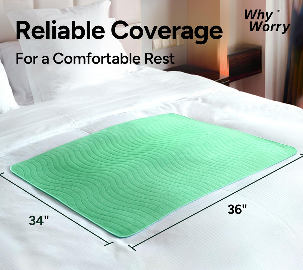 WhyWorry Washable Bed Pads for Adult Incontinence, 34" x 36" (Pack of 2) Washable Pee Pads for Bed Wetting, Heavy Absorbency Reusable Underpads for Elderly & Kids, Waterproof Mattress Protector, Green