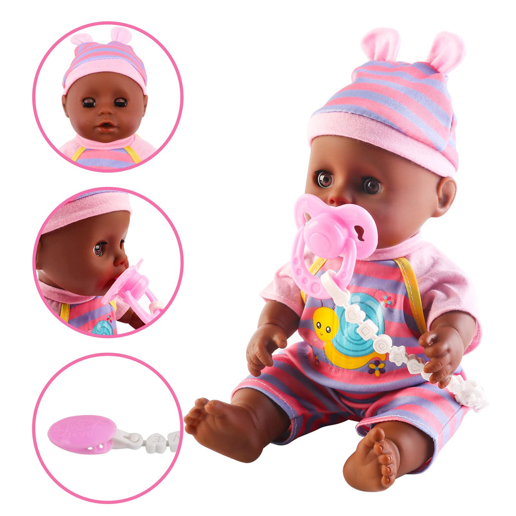 deAO Black Baby Doll Set - Mobile, High Chair, Stroller & Feeding Accessories - 21 Piece Play Set (Doll Included)