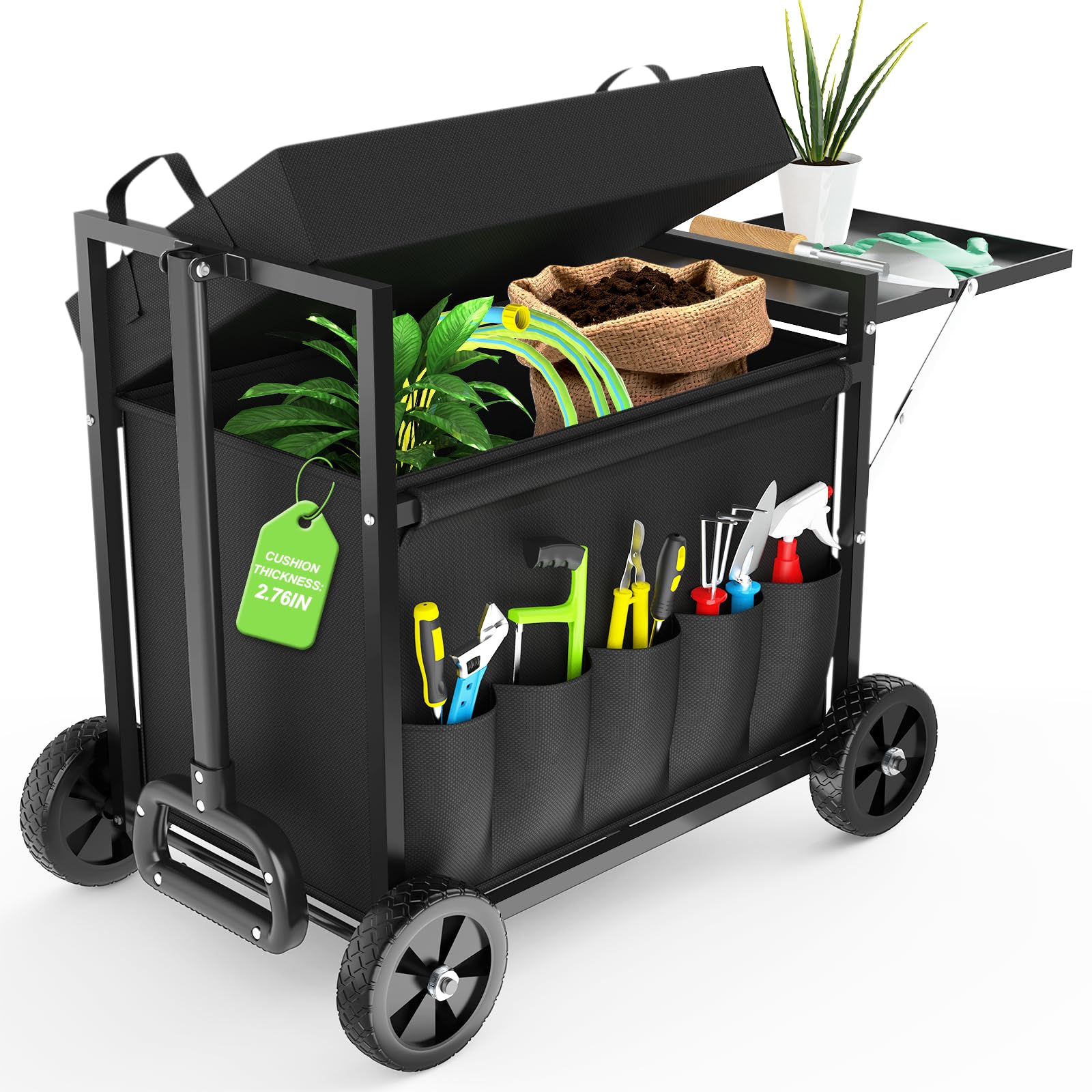 Garden Seat with Wheels, Garden Cart with Seat, 400 lbs Garden Rolling Utility Cart with Foldable Side Trays, for Gardening, Patio, Backyard, Gardening Gifts for Fathers Day