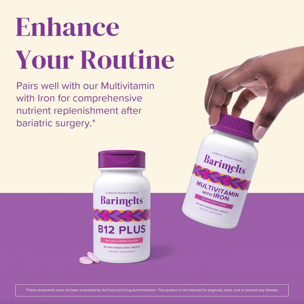 BariMelts Vitamin B12 Plus, 90 Fast-Dissolving Tablets (3-Month Supply), Sugar-Free Bariatric Vitamins for Women, Includes B12, B6, Folate and Biotin, Natural Cherry Flavor