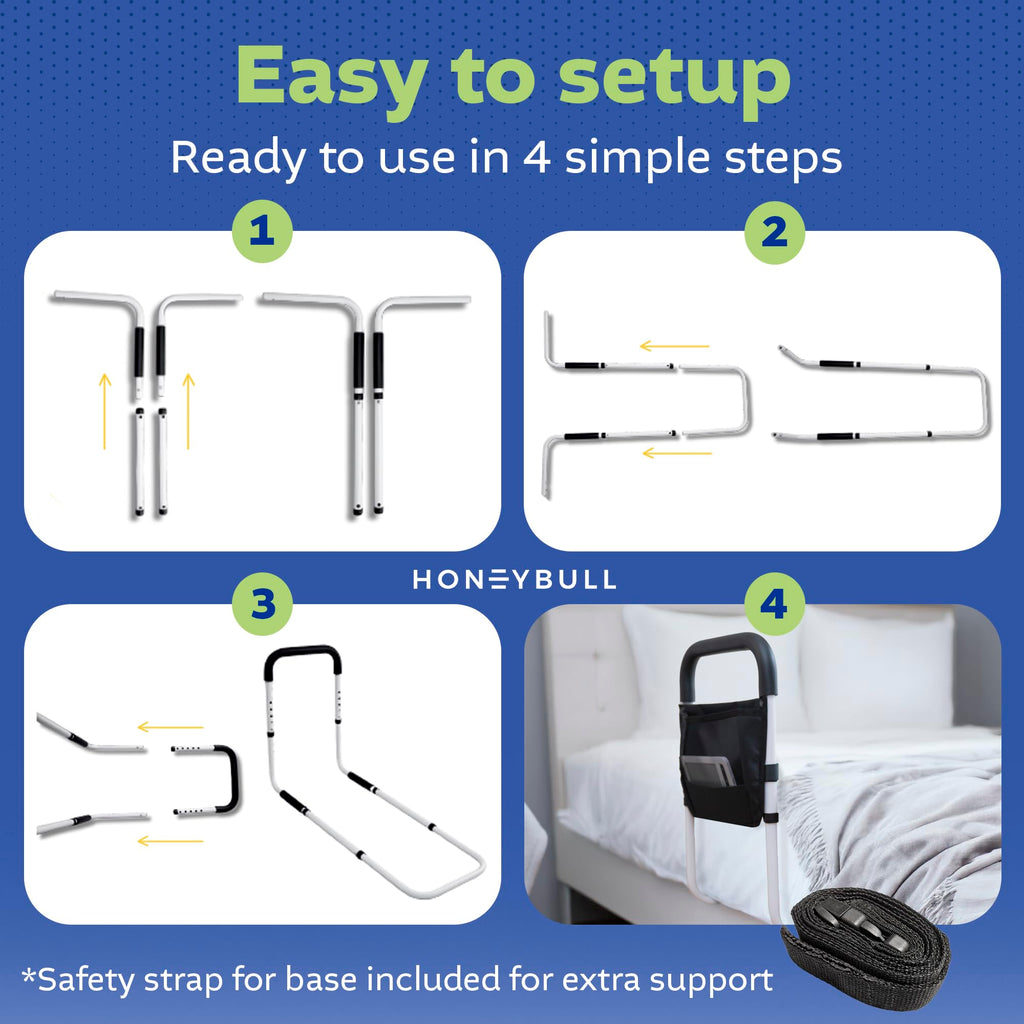 HONEYBULL Bed Rails for Elderly Adults - Medical Bed Assist Rail with Support Bar, Storage Bag & Safety Strap, Fits King, Queen, Full, and Twin Beds – Mobility Assistance for Elderly or Disabled