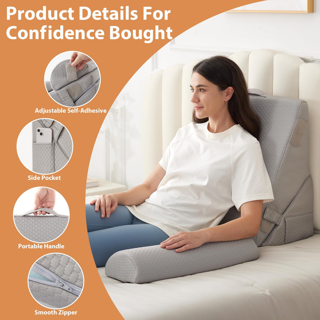 BIEEZZK 3PCS Wedge Pillow Set, Adjustable Wedge Pillow Headboard, Bed Wedge Pillows for Back Pain Relief, Sleeping, Post Surgery, Back Support Pillow for Bed Sitting Up, Snoring, GERD, Grey