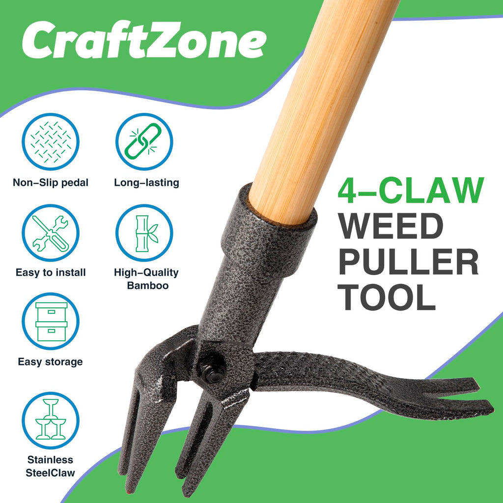 CRAFTZONE Weed Puller Stand Up Weed Puller Tool with Wooden Long Handle Foot Platform Design 4-Claw Steel Head & Removable 3-Section Pole Garden Tools-Easily Remove Weeds Without Bending or Kneeling