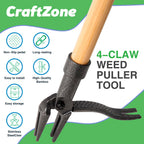 CRAFTZONE Weed Puller Stand Up Weed Puller Tool with Wooden Long Handle Foot Platform Design 4-Claw Steel Head & Removable 3-Section Pole Garden Tools-Easily Remove Weeds Without Bending or Kneeling