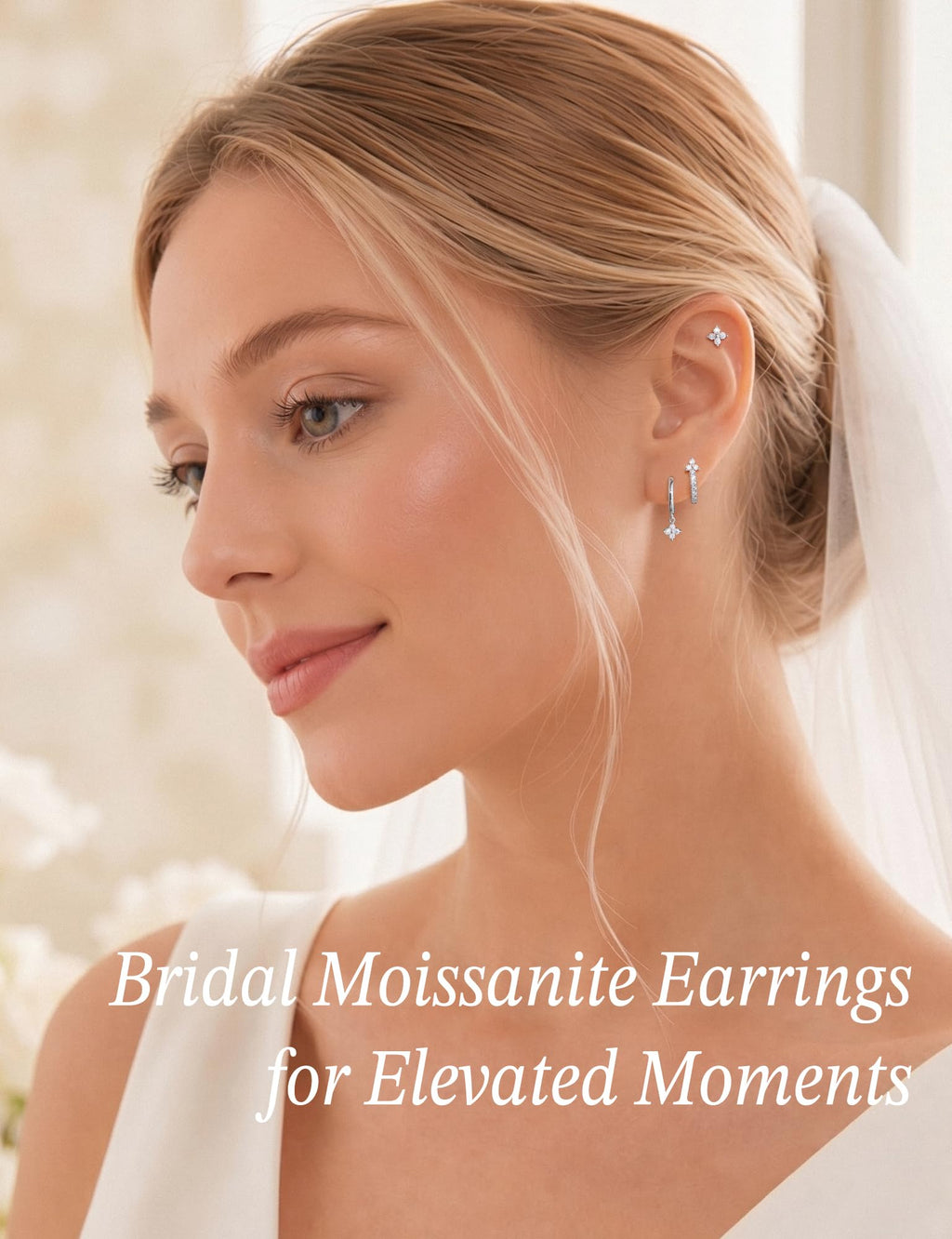 4 Pairs Moissanite Flat Back Earrings, 925 Sterling Silver Ear Stack
