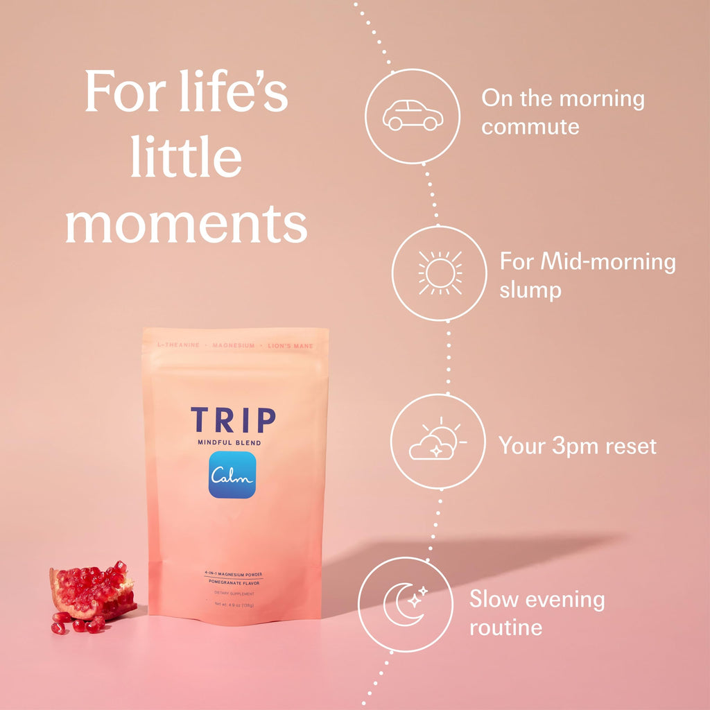 TRIP Magnesium Glycinate Powder with L-Theanine & Lion’s Mane, Sugar Free Magnesium Supplement for Adults, 250mg Magnesium per Drink Mix Serving, Pomegranate Orange Blossom, 1 Bag - 30 Servings