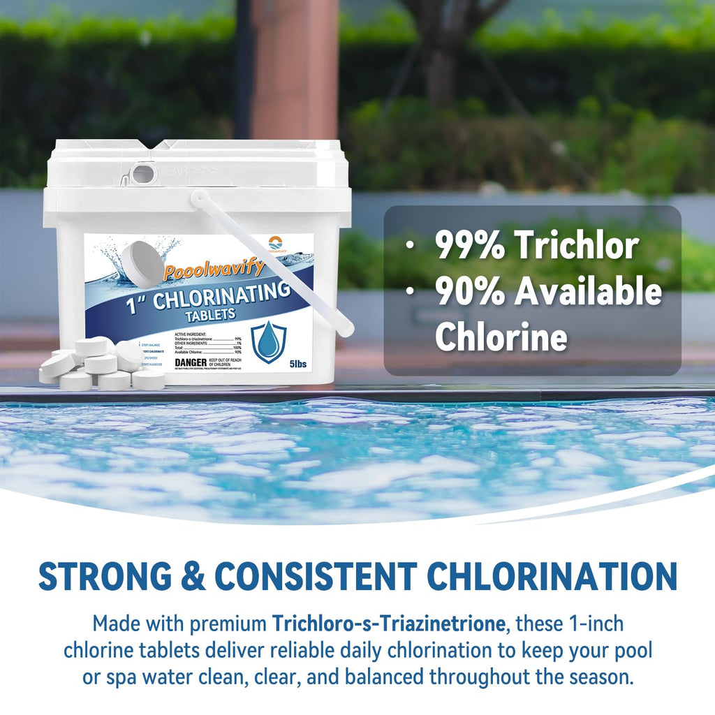 1 Inch Chlorine Tablets for Pools & Spas, 5 LB – Slow Dissolving Stabilized Trichlor Tabs with 90% Available Chlorine for Hot Tubs, Above-Ground & In-Ground Pools