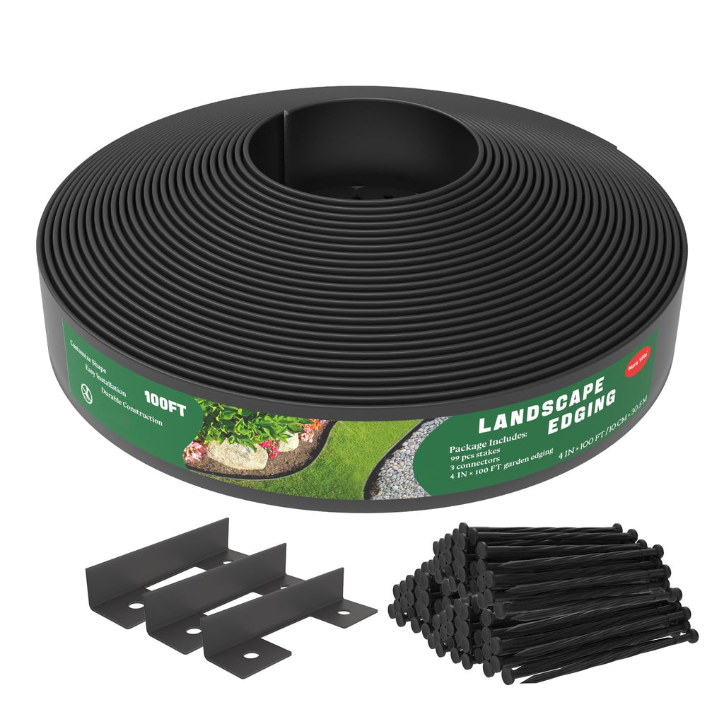 Mars Villa Landscape Edging, 4‘’ Tall 100FT Garden Border Edging Kit with 99 Anchoring Spikes, Decorative Flexible Lawn Edging Cover 75㎡ for Lawn, Yard, Flower Bed (Black, 4IN, 100FT)