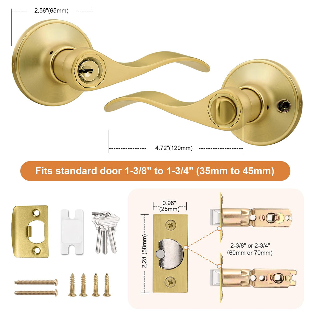 Probrico Brushed Gold Door Handles Front Exterior Door Handles with Lock and Keys, Keyed Alike Gold Entry Door Lever Wave Style Reversible, 5 Pack