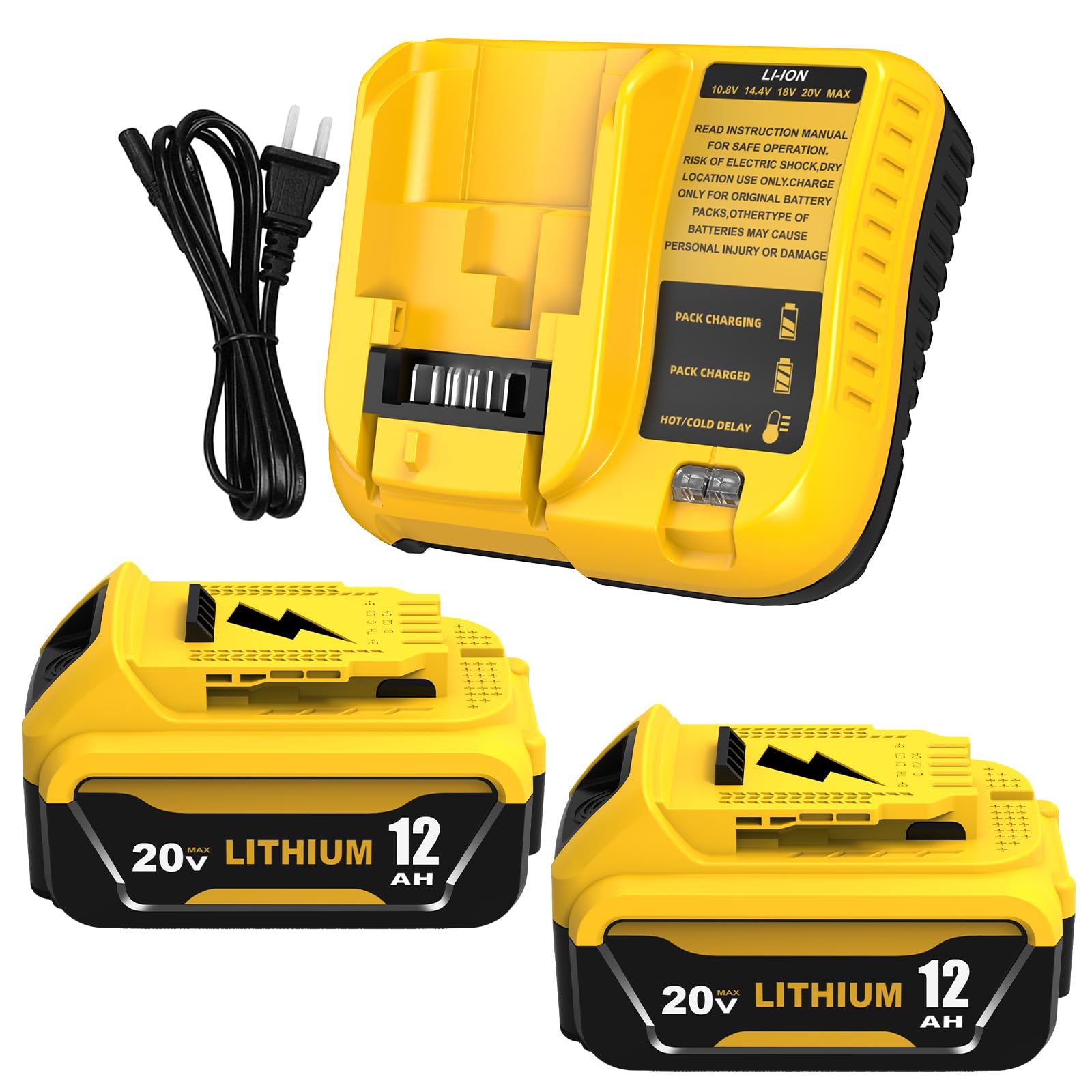 Ibanti 2 Packs 12000mAh 20 Volt Lithium ion DCB208 Battery and DCB107 Charger Compatible with Dewalt 20V Max Battery DCB207 DCB206 DCB204 DCB203 DCB200 DCB201 DCD/DCF/DCG/DCS Cordless Power Tools
