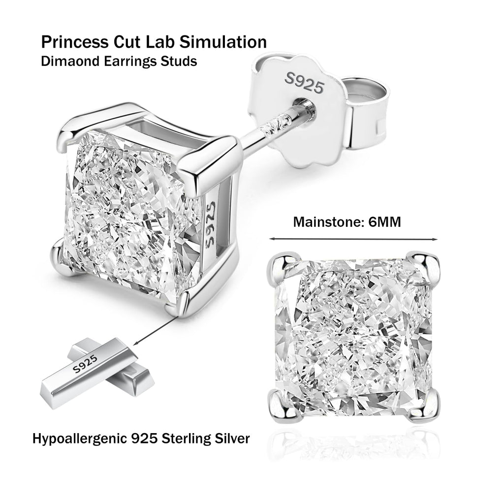 Sterling Silver Stud Earrings for Men Women Princess 6MM Cubic Zirconia CZ