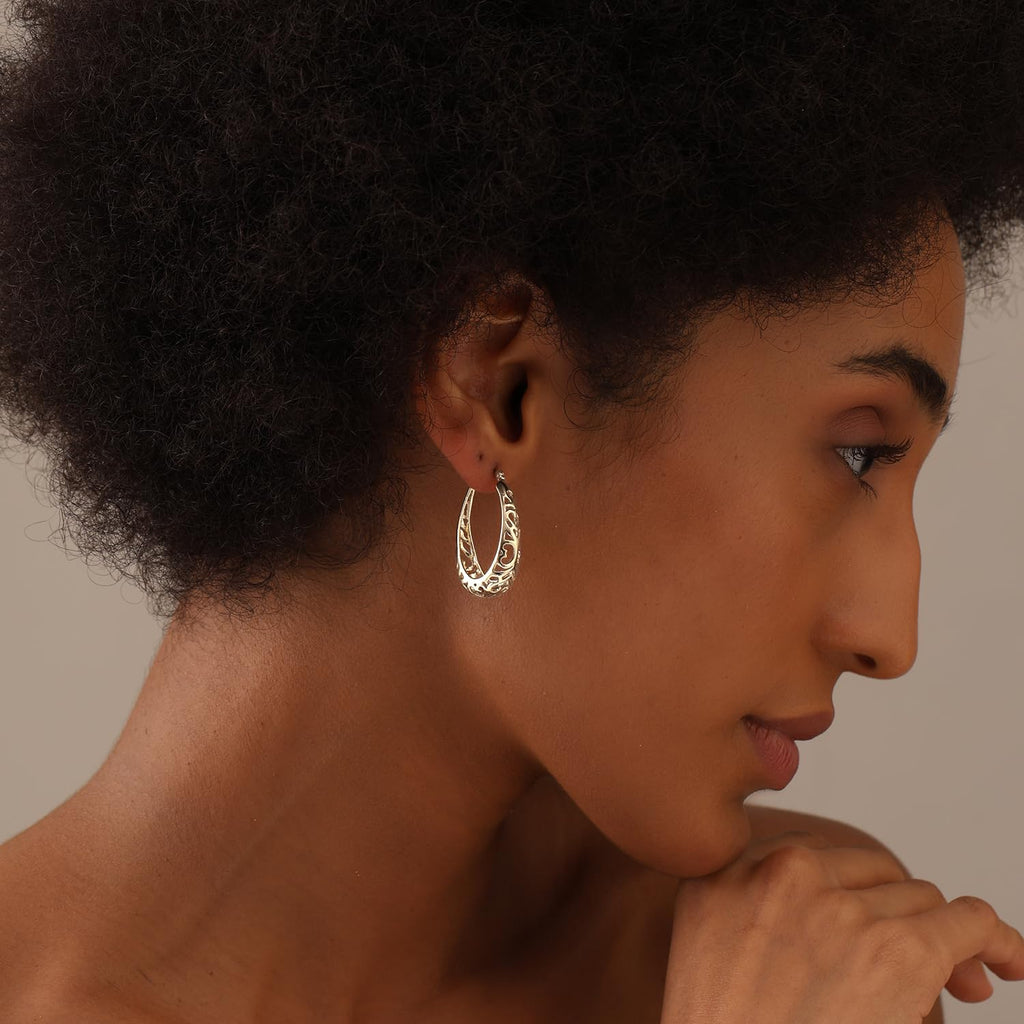 LeCalla Sterling Silver Earring Hoops for Women | Filigree Earrings | 925 Silver Hoop Earrings | Women's Filigree Hoop Earrings | 925 Silver Italian Hoops Earring | Medium Oval Hoop for Women - 32mm