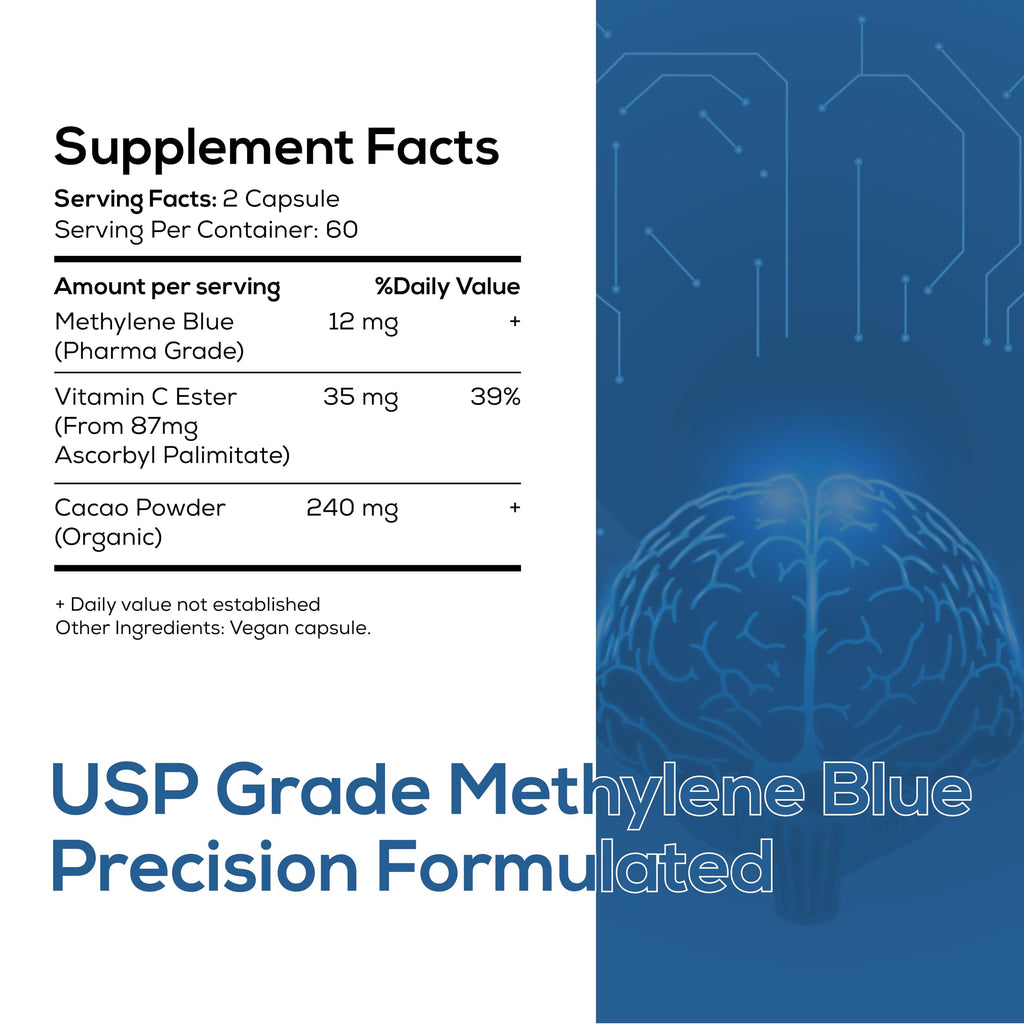 Nutri Nation Methylene Blue Pharmaceutical Grade Capsules, 120 Count, 2 Month Supply for Focus & Cognitive Support for Adults - Third Party Tested and Made in USA