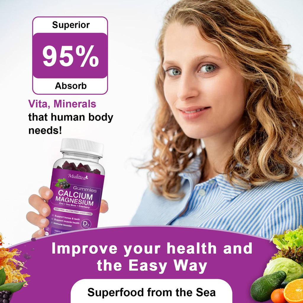 Calcium Magnesium Zinc Gummies with High Absorption Magnesium Glycinate, Potassium -Plant Calcium Supplement w/ D3 & Sea Moss for Bone, Muscles, Calm Mood & Sleep Support- Kids & Adults (2 Pack)