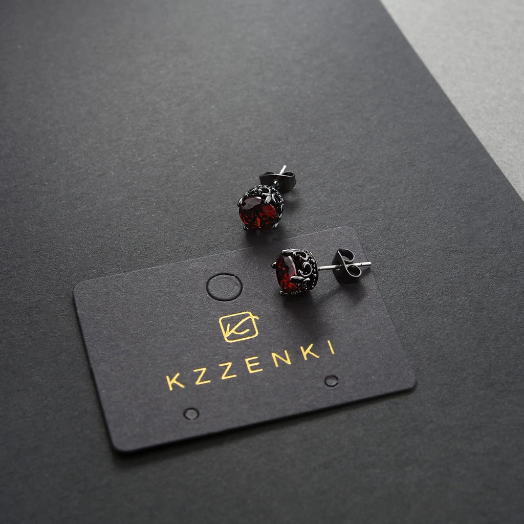 KZZENKI Red and Black Earrings Vintage Crown Stainless Steel Cubic Zirconia Stud Earrings Cool Gothic Jewelry