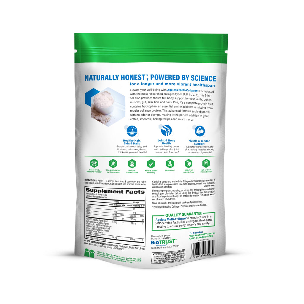 BioTrust Ageless Multi Collagen Peptides Powder - 5 Types (I, II, III, V, X) - Fruit Punch Collagen Powder for Women & Men - Hydrolyzed Protein - Grass Fed Beef, Fish, Chicken, Eggshell Membrane