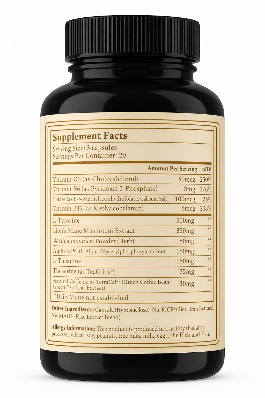AURUM BOTANICA Best Brain Supplement for Memory and Focus - L-Theanine, Lion's Main, Vitamin B6, B12, D3, Folate, L-Tyrosine, Bacopa Monnieri, Alpha GPC, Theacrine, 30mg of Natural Caffeine (60 Count)