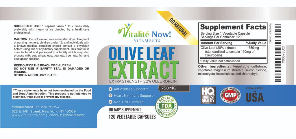 Vitalité Now! Super Strength Best Olive Leaf Extract (Non-GMO) - 20% Oleuropein - Immune Support Supplement - Up to 4 Months - 750mg Capsules - Vegetarian - 120 Count