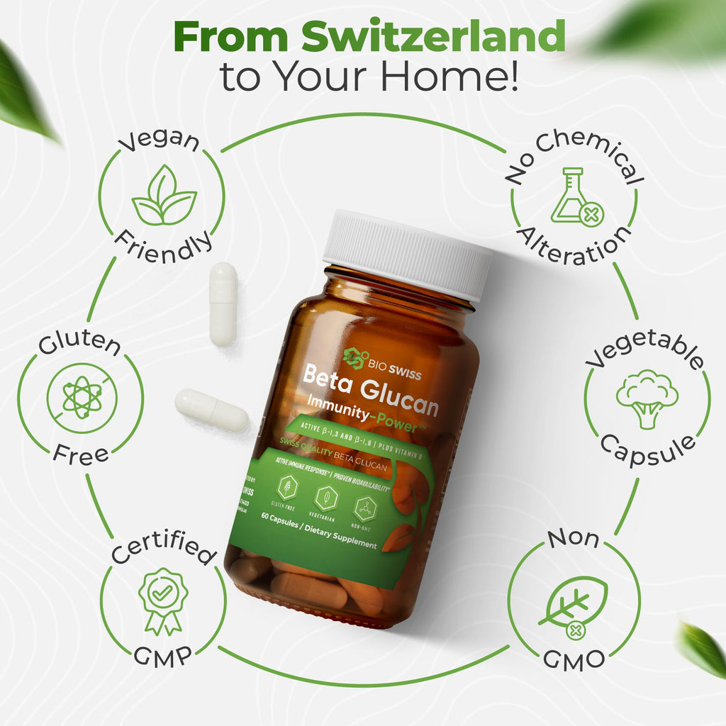 Bio Swiss Beta Glucan Immunity Power - 1,3D-1,6D Glucan with Vitamin D - Immune Support Supplement for Enhanced Defense and Wellness - Vegan, Gluten-Free (60 Capsules)