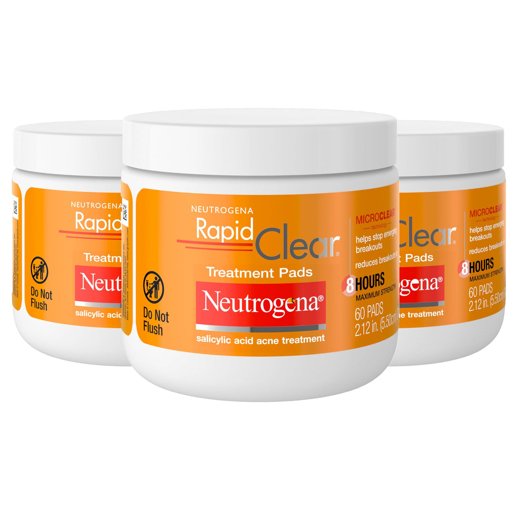 Neutrogena Rapid Clear Maximum Strength Acne Face Pads with 2% Salicylic Acid Acne Medication to Help Fight Breakouts, Oil-Free Facial Cleansing Pads for Acne-Prone Skin, 3 Pack