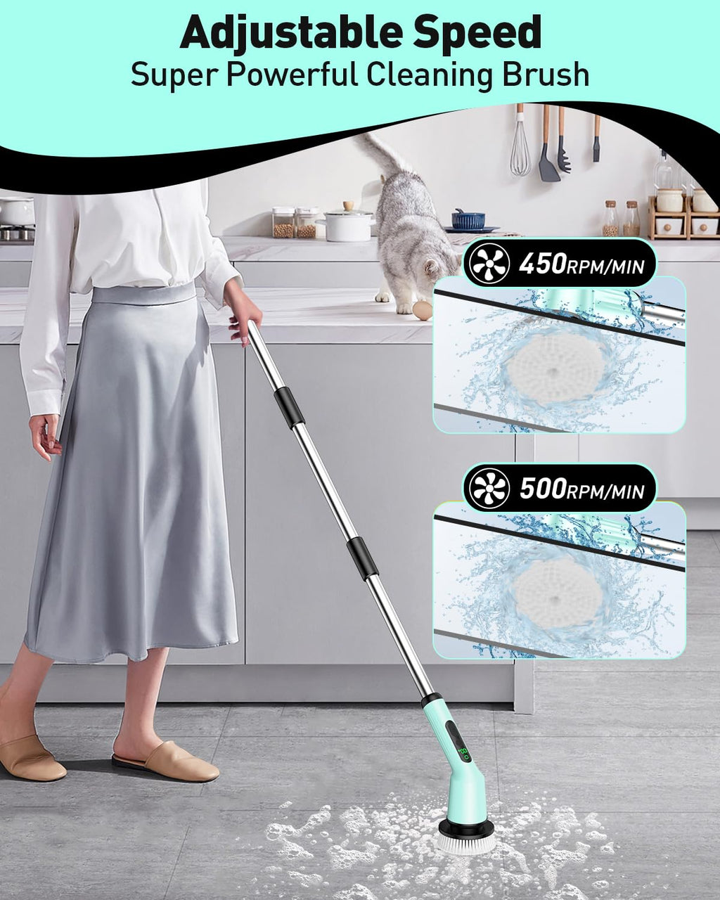 Shower Scrubber with Long Handle, Electric Scrubber for Cleaning Bathroom