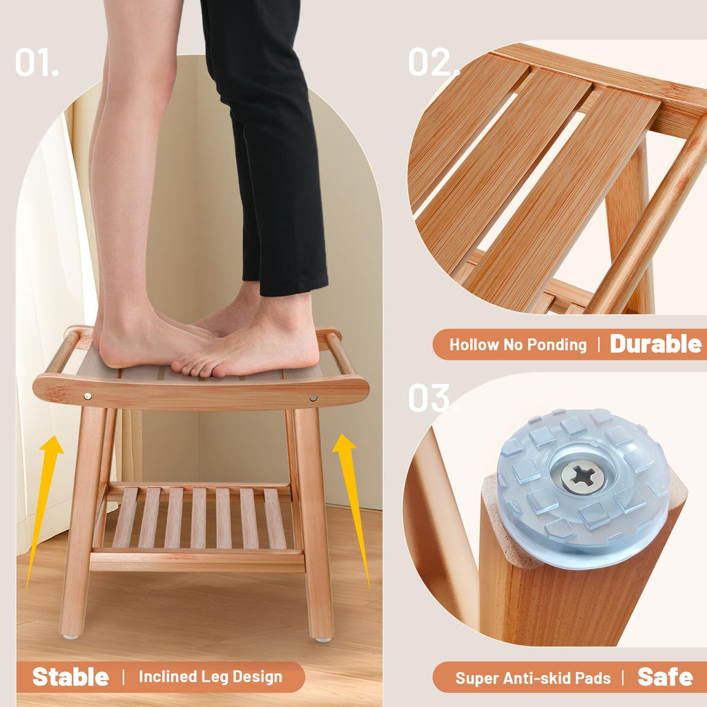 Bamboo Shower Bench for Inside Shower to Sit on,Waterproof Shower Stool for Shaving Legs,Spa Bathroom Shower Chair with Storage Shelf, Bathroom Bench Seat for Senior Adult Disabled Elderly