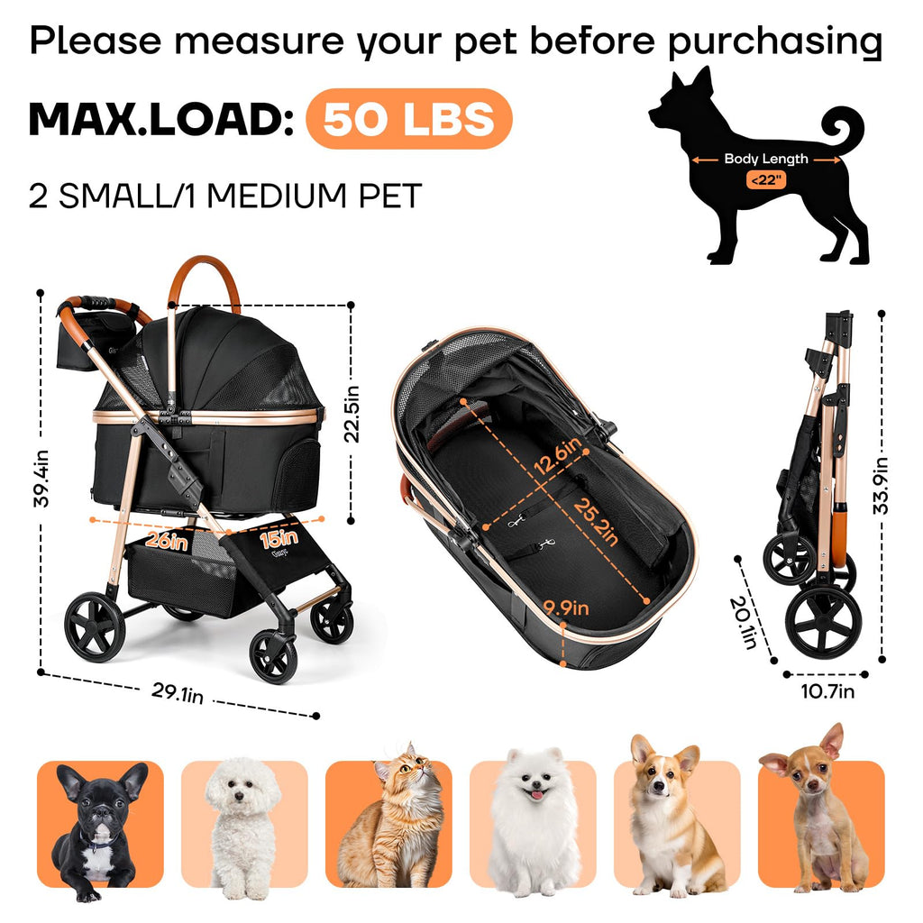 Dog Cat Stroller for Small/Medium Pets up to 50 lbs, 3-in-1 Foldable Pet Stroller with Detachable Carrier, Car Seat, Storage Basket, Cup Holder, Hanging Bag, Rain Cover, All-Terrain 4 Wheels (Black)