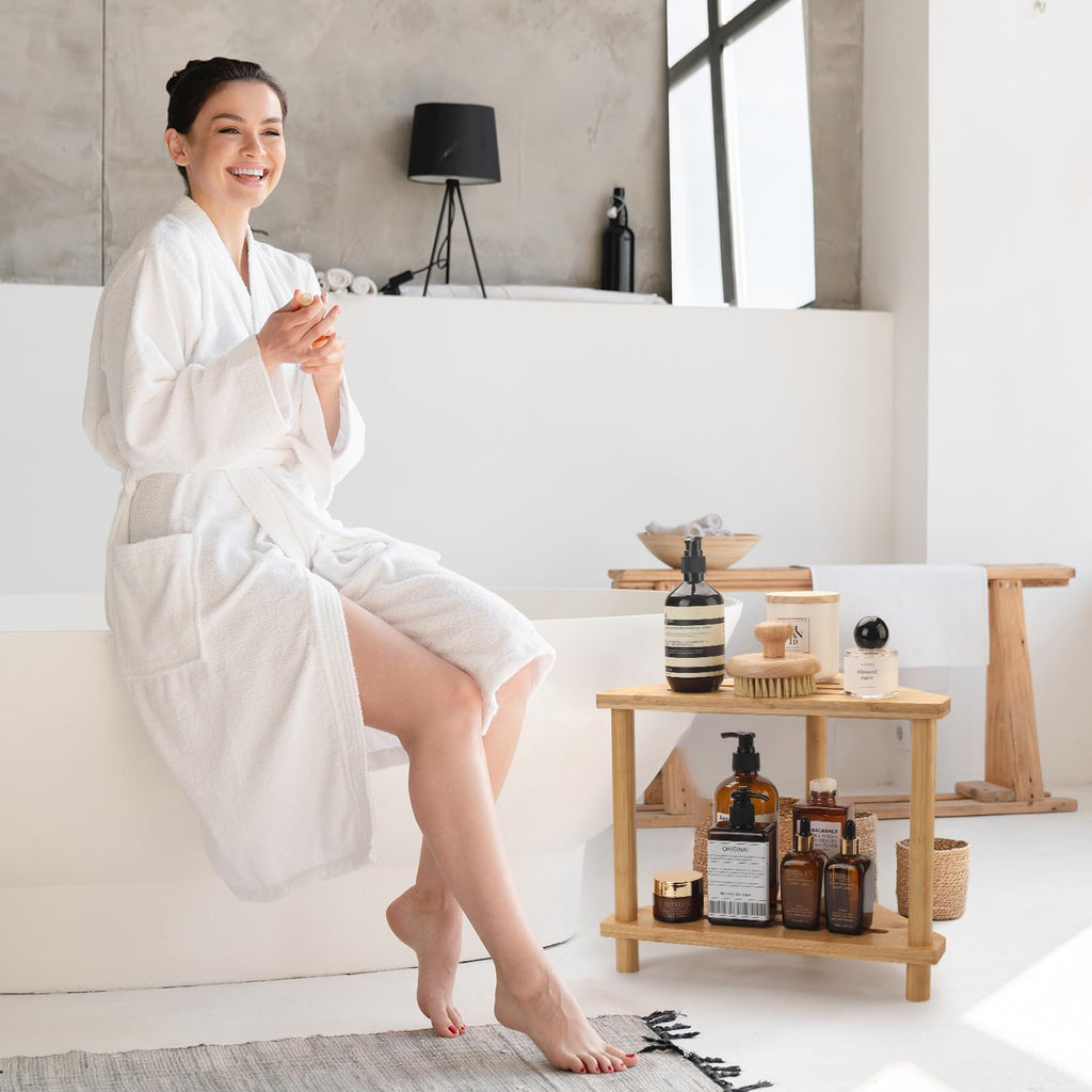 DNTYUISS Bamboo Corner Shower Stool,2-Tier Shower Foot Rest,Shower Foot Stool for Inside,Waterproof Shower Stool for Shaving Legs