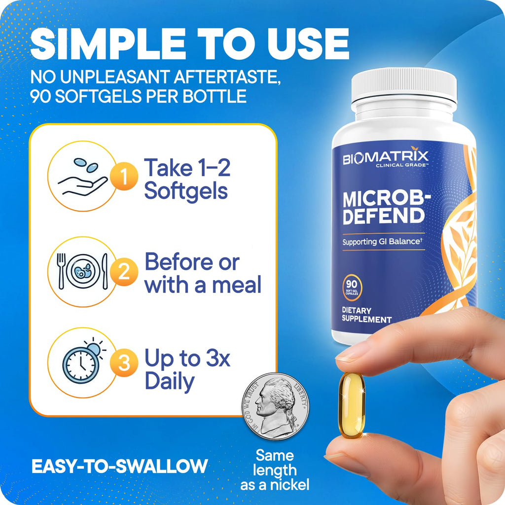 BioMatrix Biofilm Disruptor, GI Repair Digestive Supplement for Men and Women, Oil of Thyme, Oregano & Clove, Gut Microbiome & Intestinal Health Support | Microb-Defend (90 Softgels)