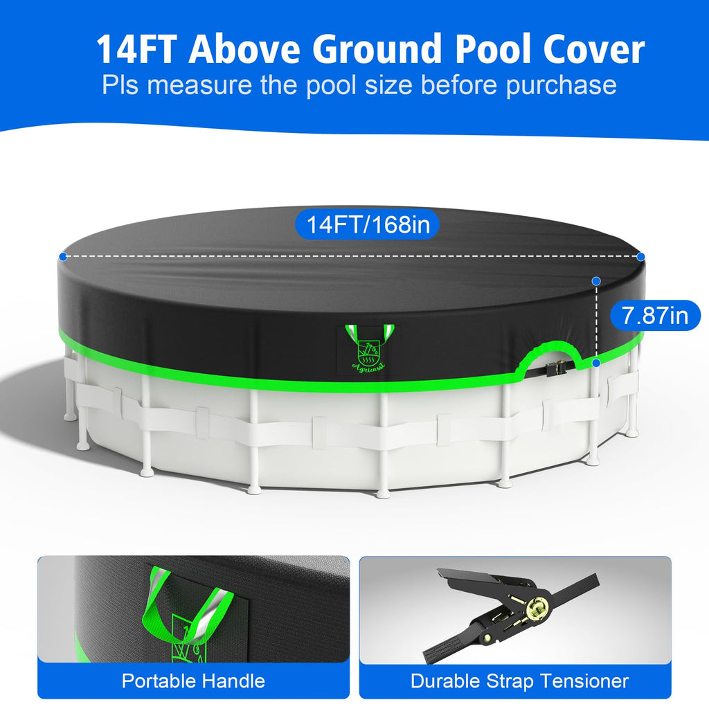 Agricasst 14ft Round Pool Cover, 420D Heavy Duty Above Ground Pool Cover with Sturdy Strap Ratchet Tensioner & Reflective Handles, Enhance Windproof, Side Seamless Tear Resistant, Weather Protection