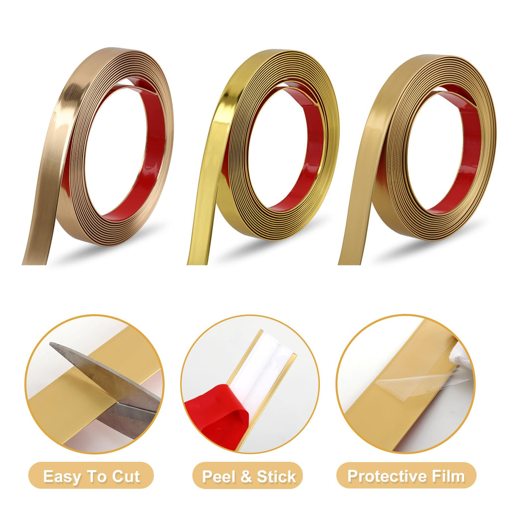 Soengsau Matte Gold Finish Molding Trim, 196.8" L x 0.8" W Peel and Stick Decoration Strip for Ceiling, Wall, Tile Edge, Furniture Cabinet, Mirror