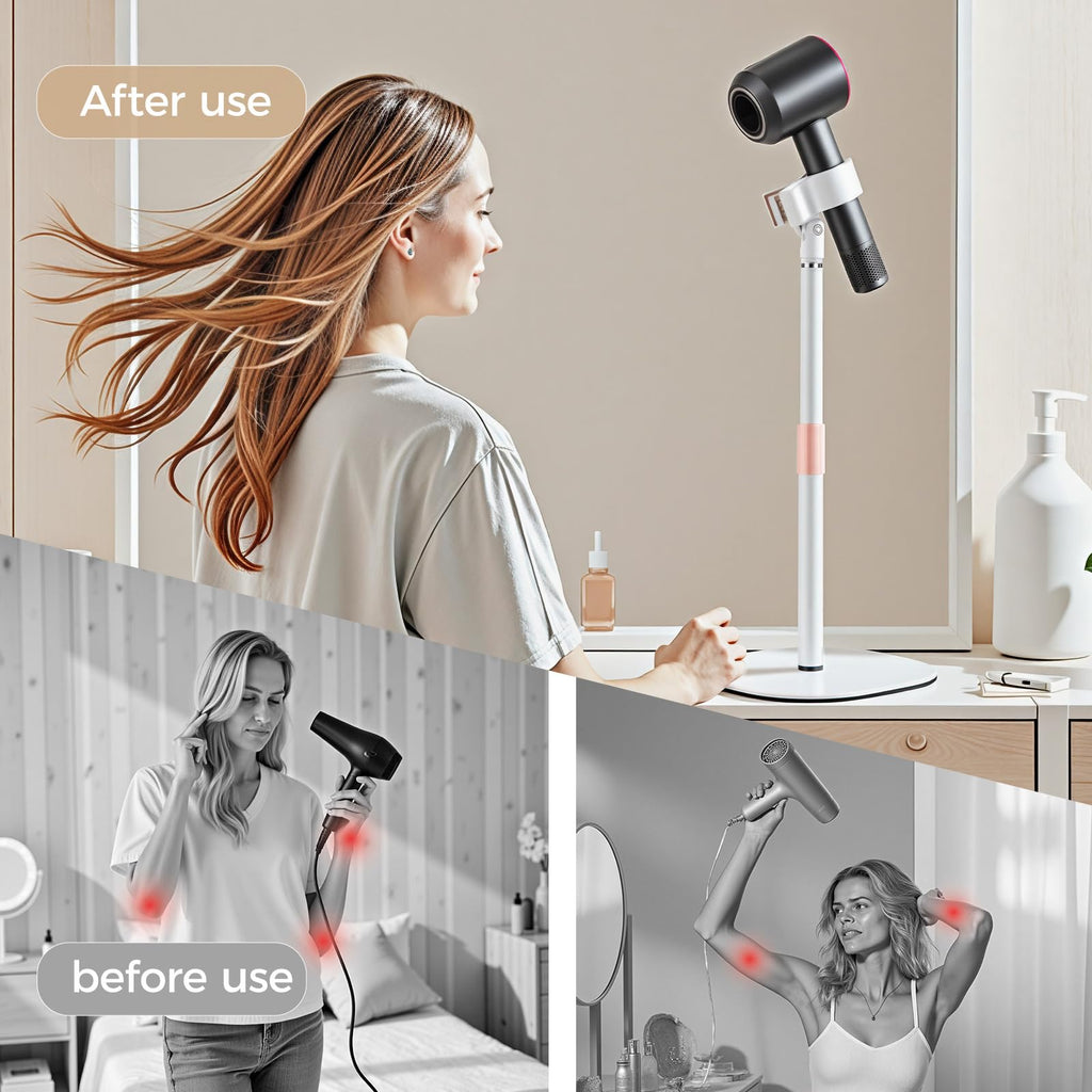 Hands Free Hair Dryer Stand Holder, Countop Blow Dryer Holder with 360 Degree Rotating, Height Adjustable, Universal Grip Works for 99% Blow Dryer (White)