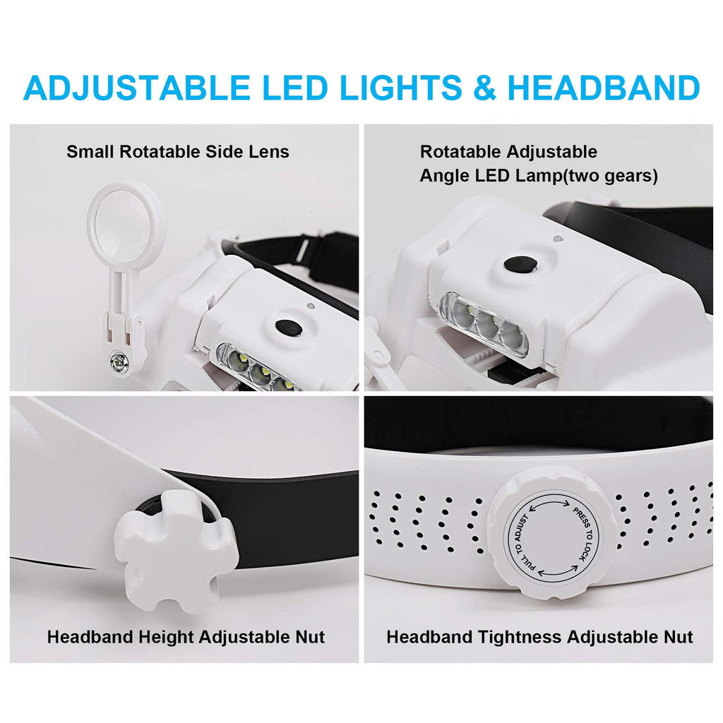 Dilzekui Headband Magnifying Glass with Light, Rechargeable Head Magnifying Glasses 1X to 14X, Magnifier Headset with 6 Detachable Lens, Hands Free Head Mount Magnifier for Close Work Jewelry Crafts