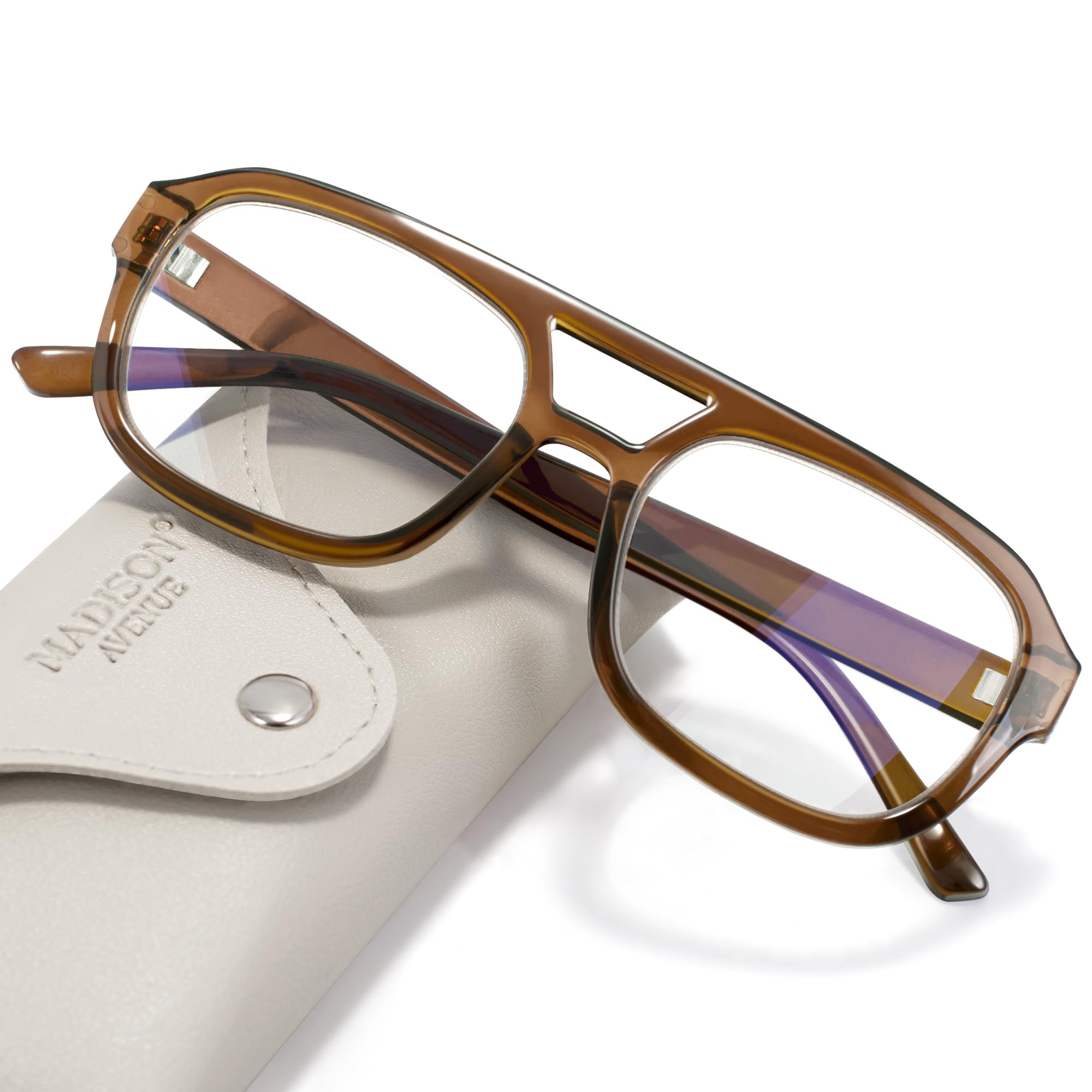 Madison Avenue Retro Aviator Blue Light Blocking Glasses for Women Men with Case, Trendy Rectangle Computer Eyeglasses Brown
