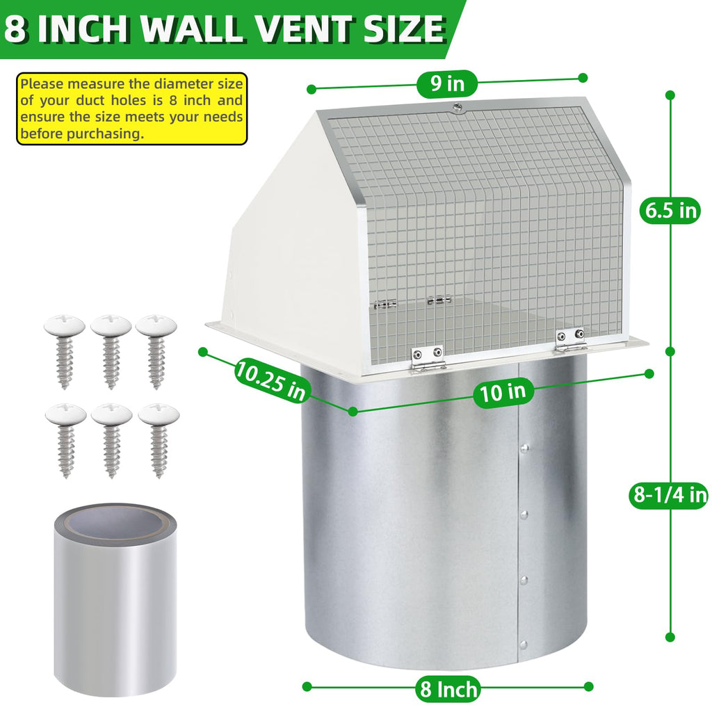 8 Inch Hooded Wall Vent with Screen and Damper,Outdoor Wall Exhaust Vent Cover Wall Cap for Exterior Kitchen Range Hood Ventilation Dryer HVAC Duct Air Exhaust, Galvanized Steel, White