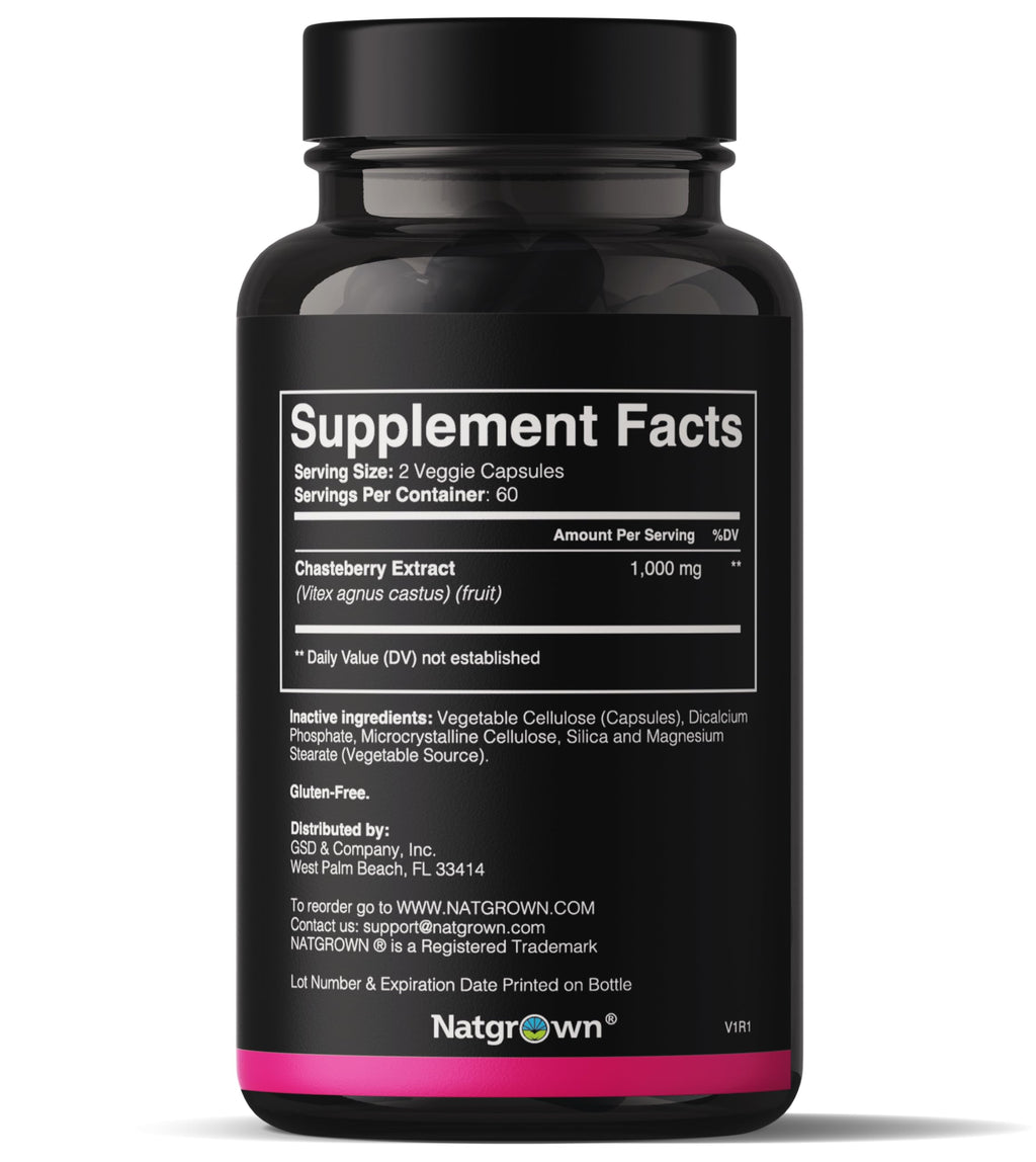 Natgrown Vitex Chasteberry Supplement for Women 1,000 mg - Supports Hormone Balance & Fertility - Agnus Castus Chaste Tree Vitex Berry Fruit Extract Capsules - 120 Ct