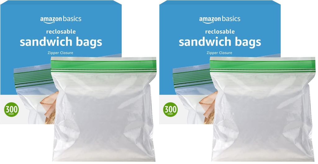 Amazon Basics Resealable Double Zipper Sandwich Storage Bags for Food Storage, 300 Count (Previously Solimo) (Pack of 2)