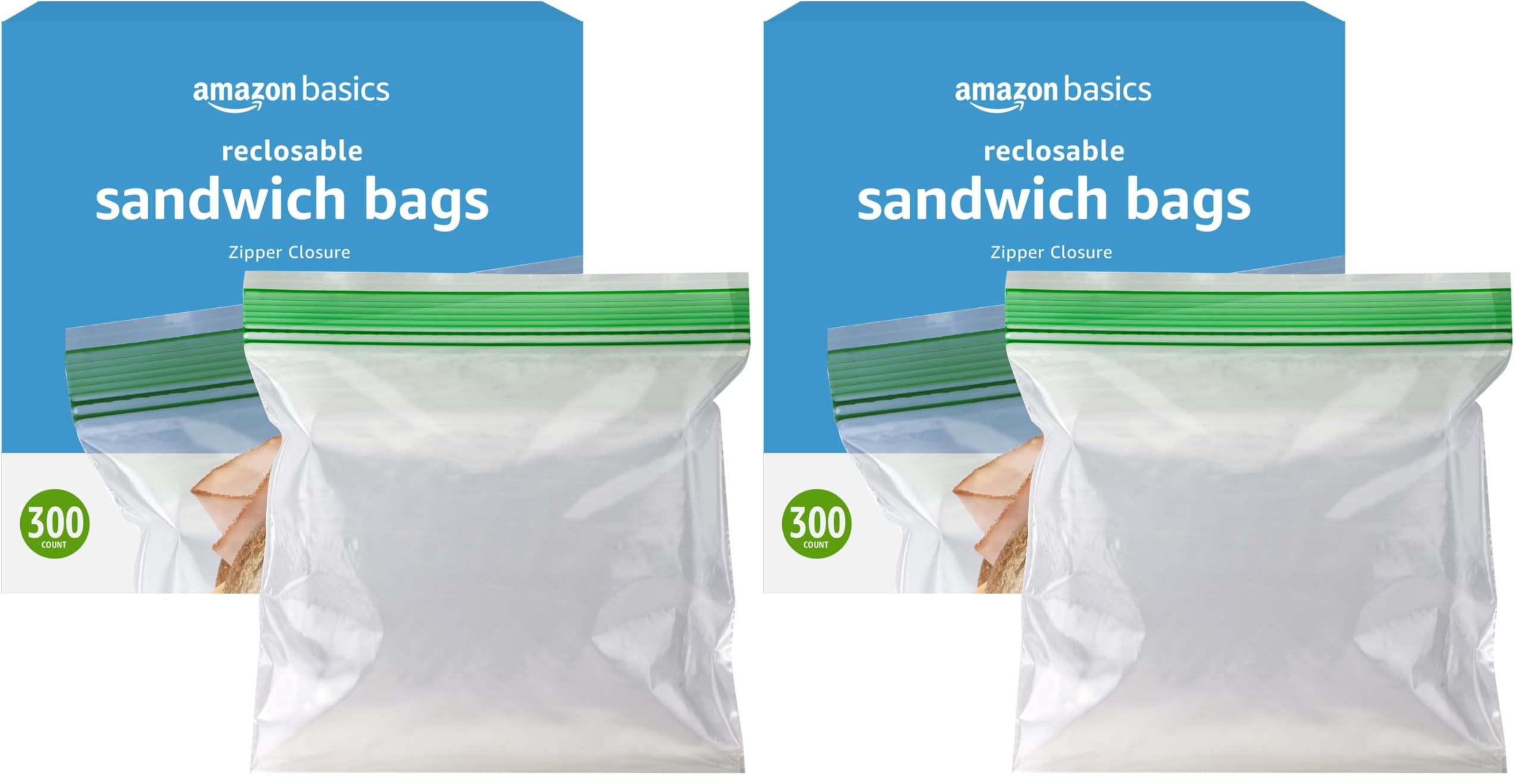 Amazon Basics Resealable Double Zipper Sandwich Storage Bags for Food Storage, 300 Count (Previously Solimo) (Pack of 2)