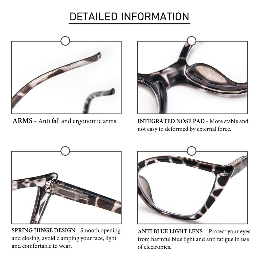 DXYXYO Cat Eye Reading Glasses 2.0+ Strength for Women 3 Pack Anti Blue Light Computer Readers Stylish Retro with Spring Hinge, Demi+black pink+clear