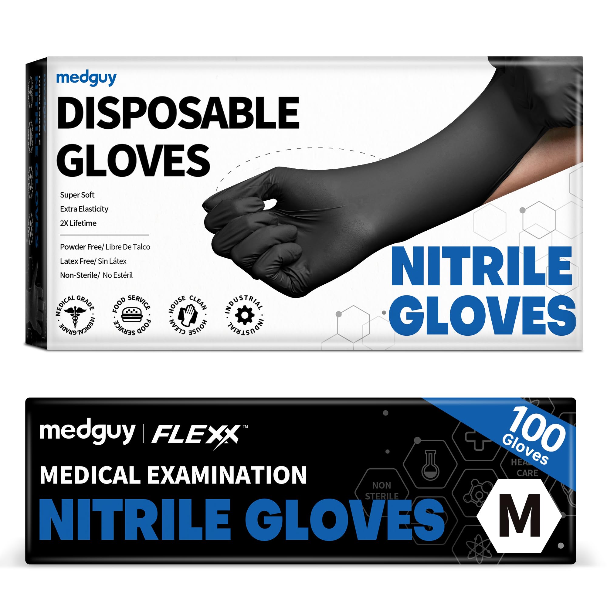 Medguy Black Nitrile Disposable Gloves, 4 Mil Powder-Free Latex-Free Food-Safe Glove for Exam, Tattoo, Food Prep, 100 Pcs (Medium)